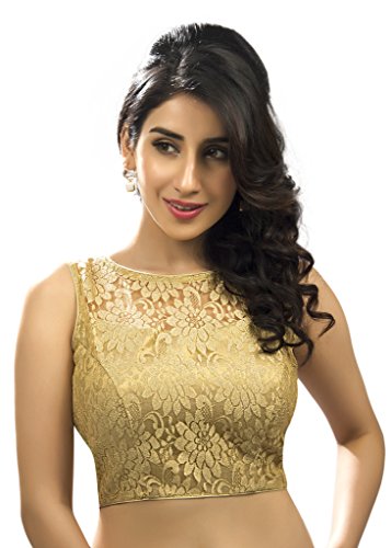 Bollywood Blouses Women's Designer Fine Zari Floral Pattern Net Saree Blouse Gold Large