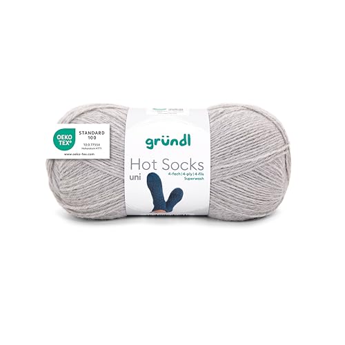 Gründl Wolle Hot Socks uni 100 4-fach - Sockenwolle für 1 Paar Socken - Sockengarn - Weich und hautfreundlich - 75% Schurwolle, 25% Polyamid - 1 Knäuel 100 g / 420 m - Nadelstärke 2,5-3 - kieselgrau