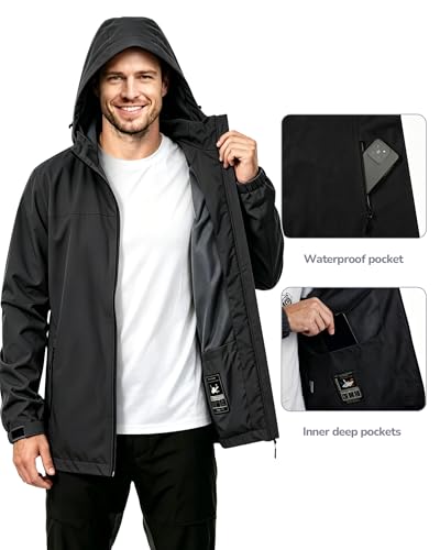 ACCNUO Men's Packable Rain Jacket Waterproof Lightweight Rain Coat with Hood,Breathable Mens Windbreaker for Outdoor Sports — view 4