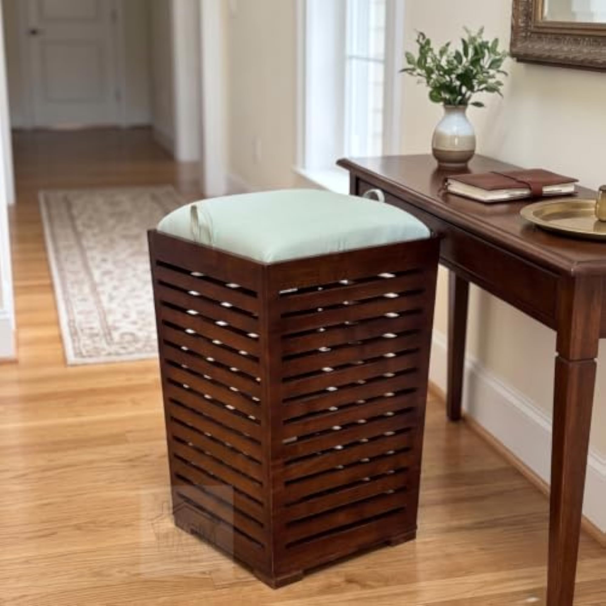 Solid Rubber Wood Slatted Laundry Hamper with Lid