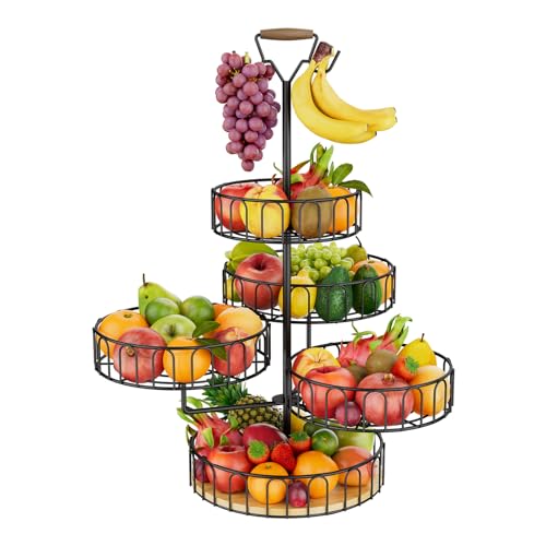 MOCOLOM 5 Stöckig Obstschale Obstkorb mit Bananenhalter, Obst Etagere Modern Metall Obstschalen in Küche, Obstetagere Gemüsekorb Organizer Obst Gemüse Aufbewahrung Obstkörbe für Brot Snacks(Schwarz)