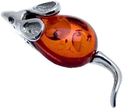 Amber Sterling Silver Mouse Brooch Pin