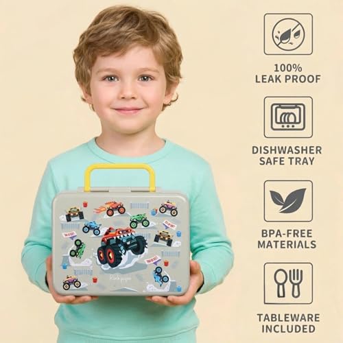 Image of rockpapa 5.5 Cups Bento Lunch Box for Kids, 5-Compartment, Trucks