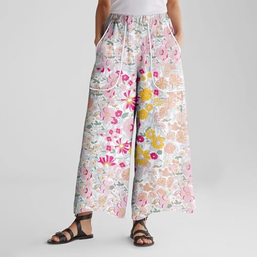 Wide Leg Linen Pants for Women Plus Size High Waisted Elastic Waistband Loose Trousers with Deep Pockets2