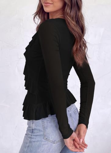 Okiwam Long Sleeve Shirts for Women Ruffle V Neck Y2K Mesh Top,Black,M - image 5