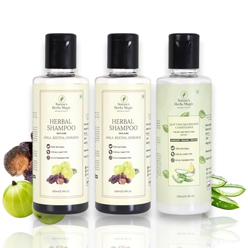 Image of Nature's Herbs Herbal Shampoo & Conditioner Combo | Amla Reetha Shikakai Hair Fall Control Shampoo with Aloe Vera Nourishing Conditioner for Smooth Soft Hair | Sulphate Paraben Free Herbal Hair Care Set | Men Women | 2 x 200 ml + 200 ml