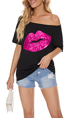PESION Women Off The Shoulder Tops Sexy Shiny Metallic Shirts Short Sleeves Fashion Graphic T-shirts Blouses2