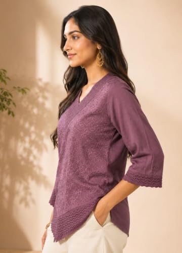 Image of Women's Cotton V Neck 3 /4 Sleeves Embroidered Tunic Short Kurta for Casual Wear Combo