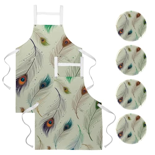 Tablier de cuisine lot de 2 avec motif plume de paon et 4 broches pour le bistrot