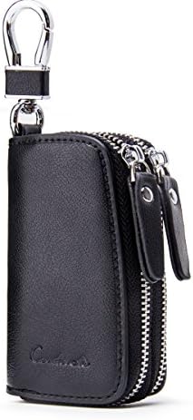 Contacts Genuine Leather Double Zipper Car Key Case Holder Wallet Key Bag, Black, One Size