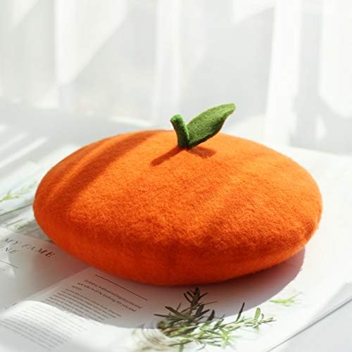 Women Cute Fruit Beret Girl Fruit Hat Wool Cap with Cute Green Leaves (Orange) - Image 2
