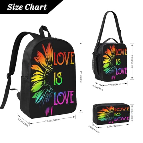 LGBT Rainbow Gay Pride Flag love is love sunflower_86452069 17 Inch Backpack Sets Lunch Bag Lightweight Daypack for Men Women 3Pcs2