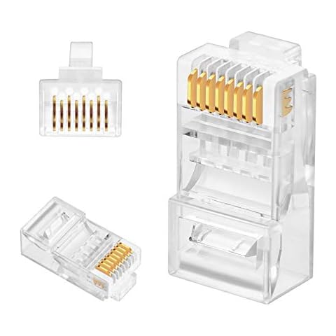 Cat6 RJ45 Connectors - iGreely 50-Pack Gold Plated RJ45 Cat6/Cat5E/Cat5 8P8C 3 Prong Ethernet Cable Crimp Modular Plug for Solid Wire and Standard Cable (Transparent) Cover