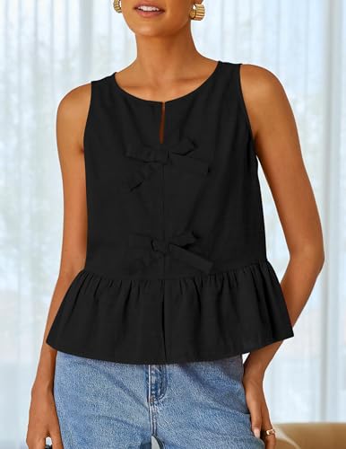 ZESICA Women's Summer Sleeveless Tank Tops Crewneck Tie Front Loose Flowy Ruffle Peplum Babydoll Blouses2