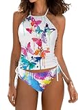 Essential Cocoon Womens Tie Dye Butterfly Drawstring Halter Tankini Set - Two-Piece Tankini Swimsuit Set (L, White, Multicolor)
