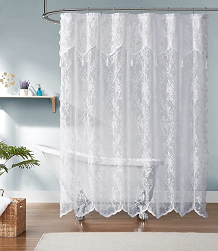 Warm Home Designs White Lace Shower Curtain 72 x 72 Inches with Attached Valance & 7 Tassels. Luxury Farmhouse Shower Curtains for the Bathroom or Boho Shower Curtains for Bathroom. LA White 72