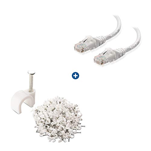 Cable Matters 1-Pack Snagless Long Cat6 Ethernet Cable (Cat6 Cable, Cat 6 Cable) in White 100 ft & 200-Pack Nail-in Cable Clips Cord Organizer