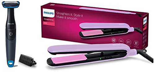 PHILIPS BHS393/40 Straightener with SilkProtect Technology. Straighten, curl, suitable for all hair types, Lavender & BG1025/15 Showerproof Body Groomer for Men