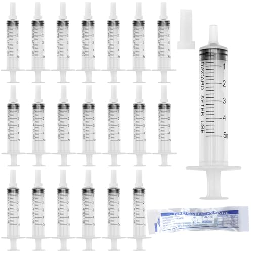 Scettar 20 Piezas Jeringas 5ml Jeringa Desechable Esteril Jeringa de Plastico sin Aguja con Tapa, Jeringuilla Jeringa Grande para Laboratorios Científicos, Medición, Riego, Relleno, Filtración