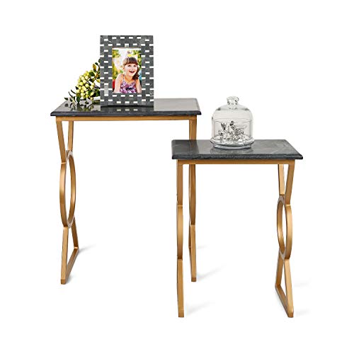 Penguin Home 3316 Coffee Effet de marbre-Table d'appoint carrée rectangulaire en Acier pour Salon Maison et Bureau Cadre doré, Or & Ardoise, Grand-43x33x52