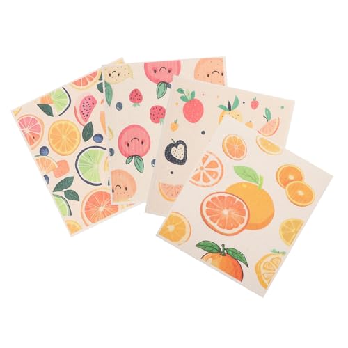 BESTOYARD 4 Piezas Paño De Cocina con Estampado De Frutas La Toalla Absorbente Paños De Cocina Suecos para La Cocina Paños Multiusos De Limpieza Natural para Cocina. Fibra De Madera