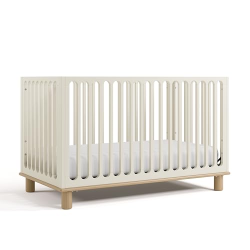 Storkcraft Sicily Deluxe 3-in-1 Convertible Crib with Bonus Toddler Guardrail (Frosted Oat with Driftwood) – GREENGUARD Gold Certified, Toddler Guardrail Included, Fits Standard Crib Mattress