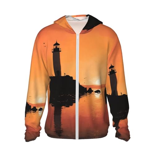 UPF 50+ Sun Protection Hoodie Long Sleeve Lighthouse Sunrise Sun Shirt Rash Guard Fishing Shirts for Men