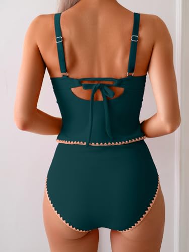 Image of Eomenie Tankini Swimsuit for Women Tummy Control Ruched Two Piece Bathing Suits High Waisted Shell Stitch Swimwear