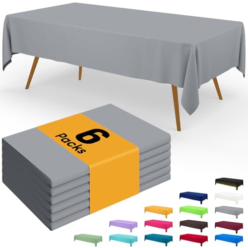Image of Smiry Disposable Table Cloth - 6 Pack, 54 x 108 Inch Waterproof Rectangle Tablecloths for Parties, Decorative Plastic Table Cover, Leakproof & Sturdy, Grey