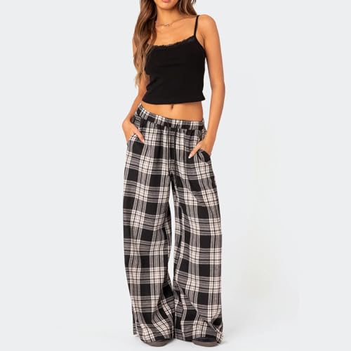 Women Drawstring Plaid Print Loose Pants Low Rise Show Navel Casual Trousers Elastic Waist Wide Leg Lounge Pants2