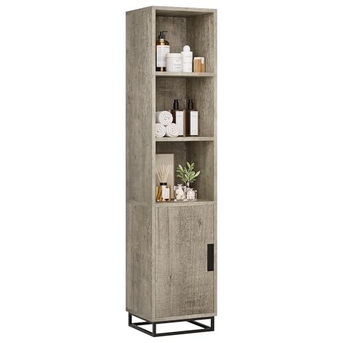 Badezimmerschrank, Hoch Badschrank, Schmaler Aufbewahrungsschrank mit Verstellbaren Ablagen & 3 offene Aufbewahrungsräume, Mehrzweckschrank mit Türen & Eingebaute Griffdesign, 40 x 36 x 178cm, Grau