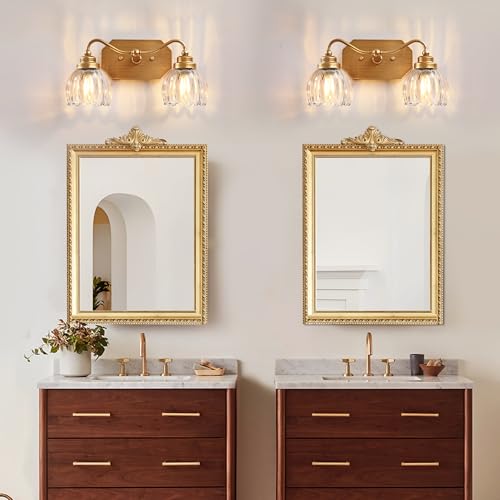 Image of Vintage Bathroom Light Fixtures, 2 Light Gold Bathroom Vanity Light, Matte Antique Brass Finish with Crystal Glass Shade, Wall Sconces Lighting for Bedroom, Living Room, Hallway