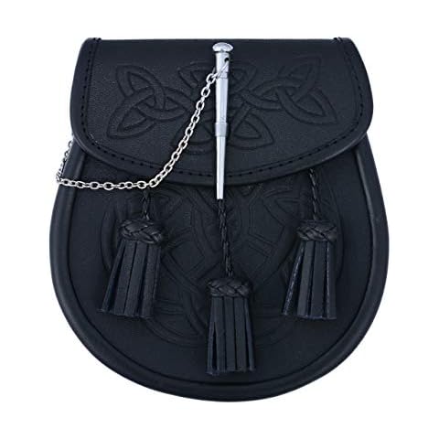 Embossed Black Leather Scottish Kilt Sporran With Pin Lock & Tassels Cover