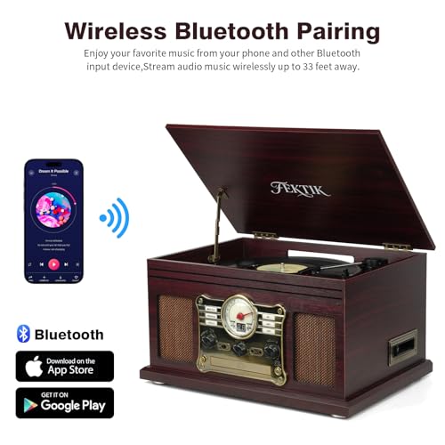 Image of FEKTIK Bluetooth Record Player 10 in 1, 3-Speed Belt-Drive Turntable with Speakers, Bluetooth Input & Output, CD, Cassette, FM Radio, Wireless Streaming