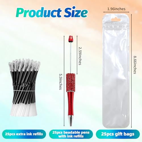 Image of 75 Pcs DIY Diamond Beadable Pen Kit - 25 Plastic Rhinestone Beaded Pens Bulk with Refills & Bags - Fancy Cute Glitter Pens for Crafting, Students & Teachers - School Supplies (Red)