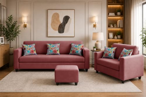 Image of Rosebell 3+2 Fabric Sofa Set with Ottoman | Premium Upholstery 5-Seater Sofa | with Printed Cushions | Living Room Furniture |Rose Pink-Color
