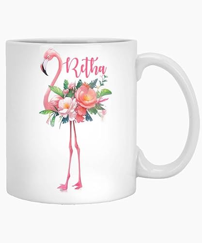 Personalized Girl Name Retha 11oz White Mug Coffee Mug, Flamingo Customized Gift for Friend, Girl Monogram Mug, Girl Flamingo Birthday Gift 156142