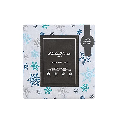 Image of Eddie Bauer - Flannel Sheets Full Size, Anti-Pilling & Wrinkle Resistant Cotton, Touchably Soft for All-Season Comfort - Bed Sheets with Matching Pillowcases & Fitted Sheet (Tossed Snowflake Blue)