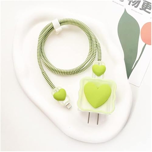 Image of INEFABLE Charger Case Cover Protector with 3D Cute Pattern for iPhone Charger only 18W & 20W, Data Charging Cable Wire Saver Protective Cable Cover Full Protection - Set Of 1 (Green Heart)