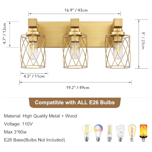 Image of Bathroom Light Fixtures, 3 Light Brushed Gold Wood Vanity Lights