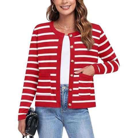 Anyally Women's Knit Cardigan Sweaters Casual Long Sleeve Tops Open Front Button Down Trendy Jackets Outerwear,L Red White Cover