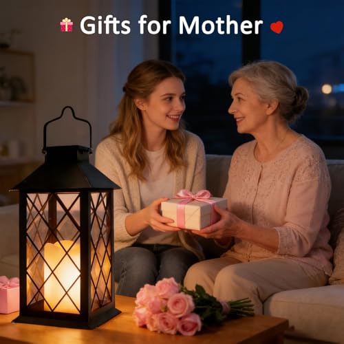 Image of 2 Pack 14 inch Large Tempered Glass Solar Lanterns Outdoor Waterproof | Black retro solar lantern with flickering flameless candles, ideal decoration for wall, porch, patio, table and garden.
