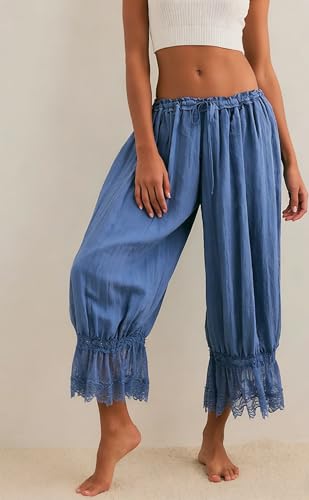 Image of NUFIWI Women Ruffle Long Bloomer Y2k Lace Trim Pettipants Pantaloons Mid Rise Cropped Pajama Pants Under Dress Slips