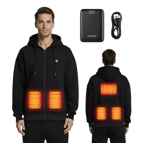VEVOR Sudadera con Capucha Calefactable Unisex, con Cremallera Completa y Batería 7,4 V 16 000 mAh, 5 Zonas de Calefacción, 3 Niveles de Temperatura, para Acampadas en Invierno, Negro, Talla XXXL