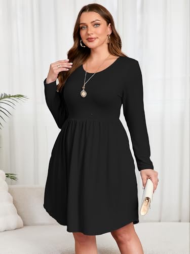 Image of AusLook Women's Plus Size Long Sleeve Midi Dress Casual Empire Waist Loose Flowy Dresses A-Line Boho Long Dress with Pockets