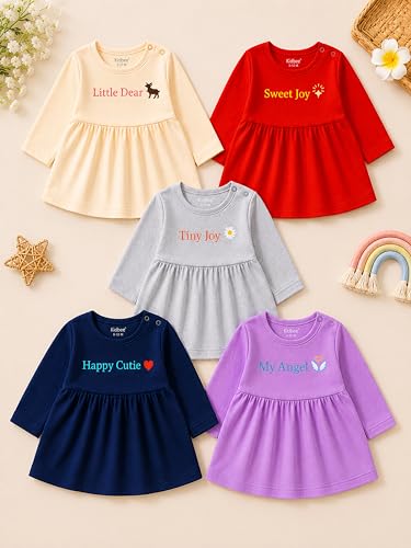 Image of Kidbee Baby Girls A-Line Dress Combo Pack of 5 | Printed Cotton Blend Frocks | Multicolor | Newborn, Infant & Toddler