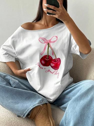 Image of SXV Women Off-Shoulder Cherry Bow Print Simple Casual T-Shirt Graphic Tees Women Tops
