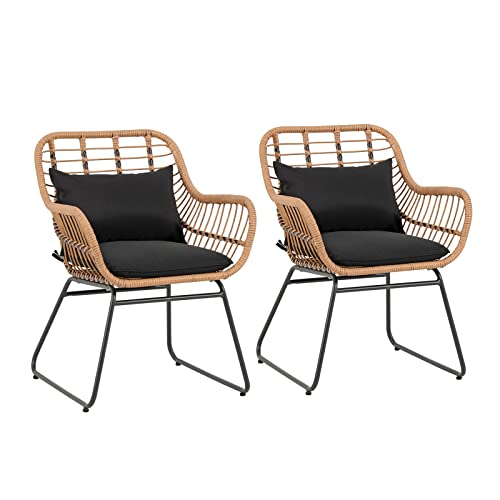 JOIVI Outdoor Wicker Chairs, 2 Pieces Patio Rattan Dining Chairs with Cushions for Outside Lawn, Garden, Backyard (Set of 2)