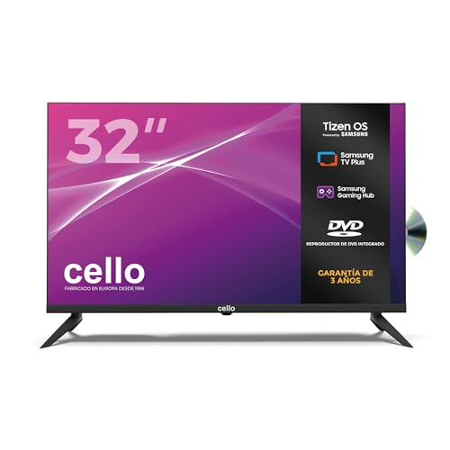 Televisor inteligente HD Cello C3226TZF de 32 pulgadas sin marco con DVD, sistema operativo Tizen, juegos en la nube sin consola, conectividad Bluetooth, HDMI, USB y Wi-Fi. Fabricado en el Reino Unido