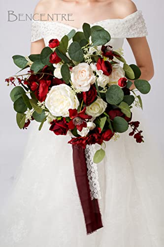 Bencentre 14" Burgundy Wedding Bouquet Fabric Austin Rose Mix Artificial Flowers, Bridal Bouquet For Wedding Ceremony Anniversary, Bridal Shower, Party And French Rustic Vintage Wedding #TOP4